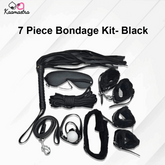 Kaamastra 7-piece black bondage kit including restraints, whip, and collar for secure play
